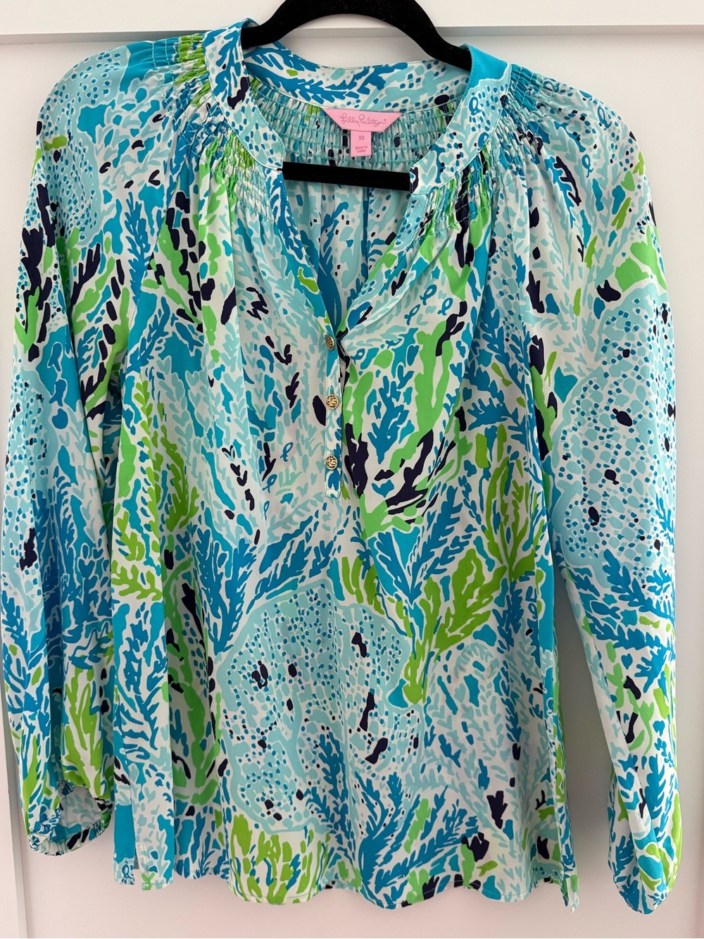 Lilly Pulitzer Aqua, Blue & Green Silk Elsa Blouse